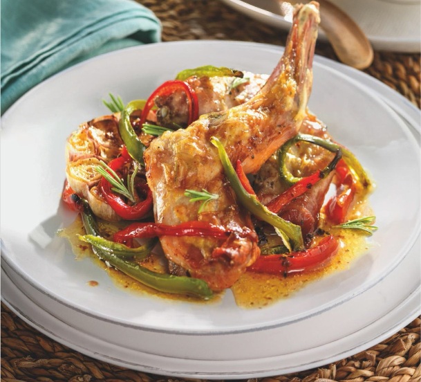 Conejo asado con mostaza y verduritas