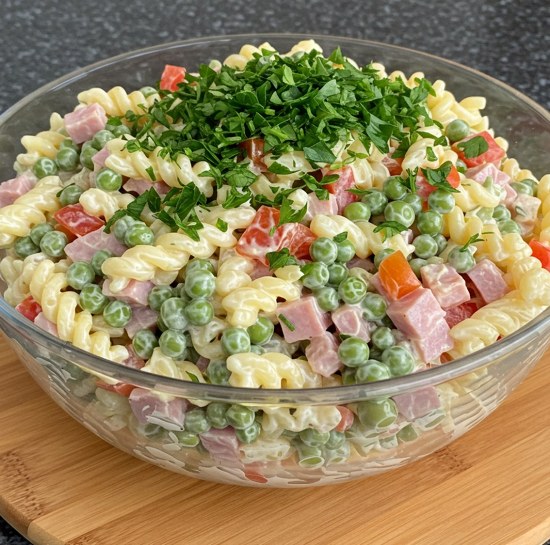 Ensalada de pasta cremosa con jamón y queso