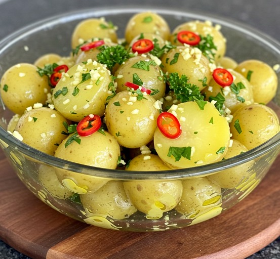 Papas cocidas con salsa de ajo casera