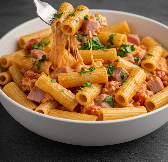 Pasta loca cremosa con jamón y queso