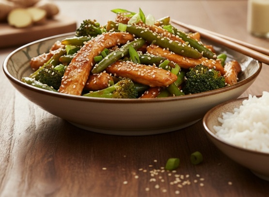 Salteado de Chauchas (Vainitas), Brócoli y Pollo