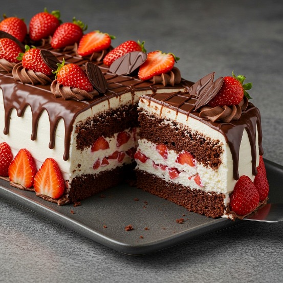 Torta húmeda de chocolate rellena de fresas y leche condensada
