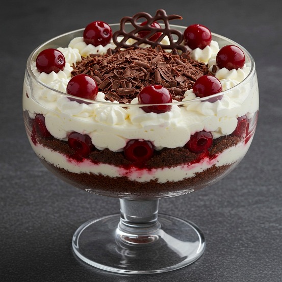 Torta Selva Negra clásica con cerezas y crema chantilly