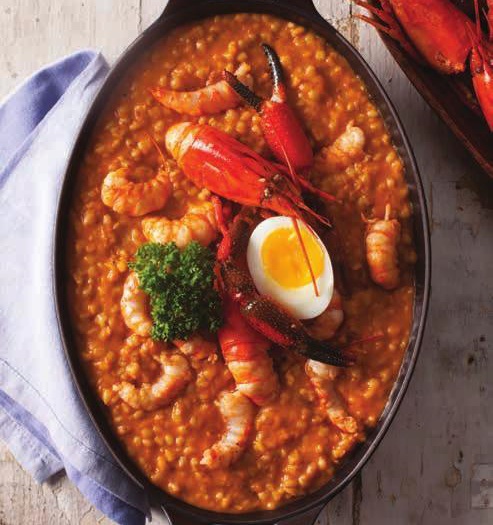 Trigo con camarones y queso